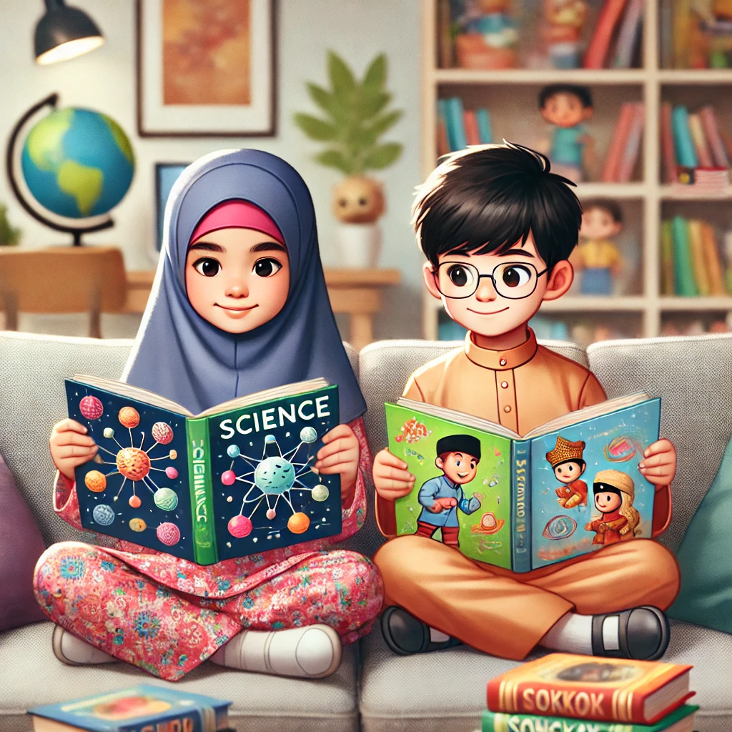 illustration featuring a Muslim Indian girl and a Malay boy absorbed in reading their science books