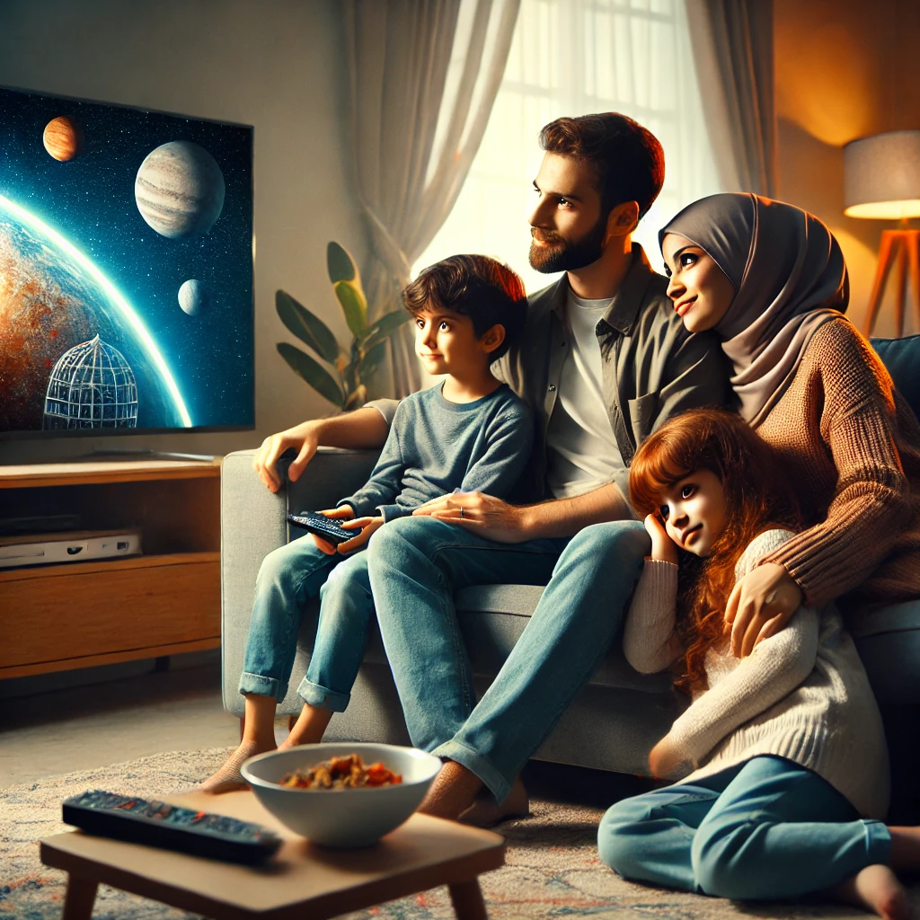 illustration of a Muslim family watching a space documentary together.
