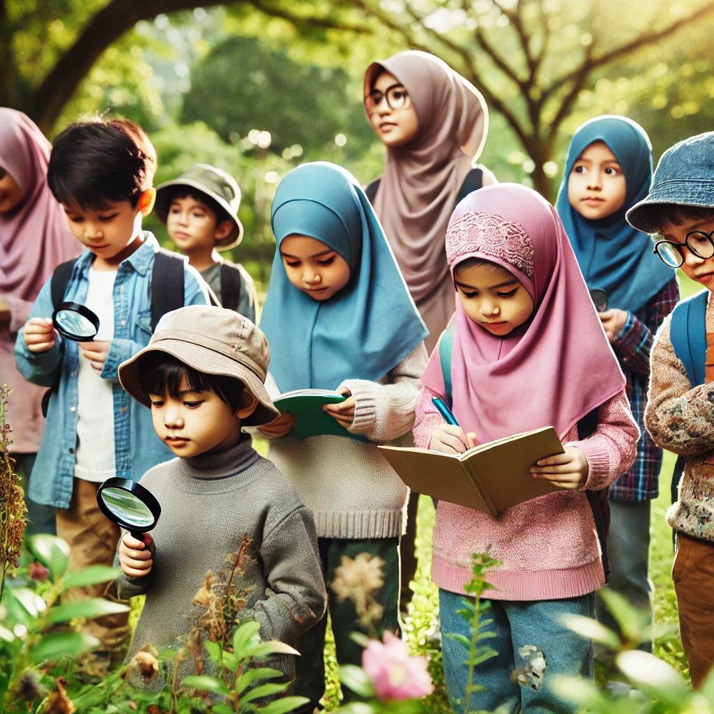  a diverse group of Muslim children exploring a park. 