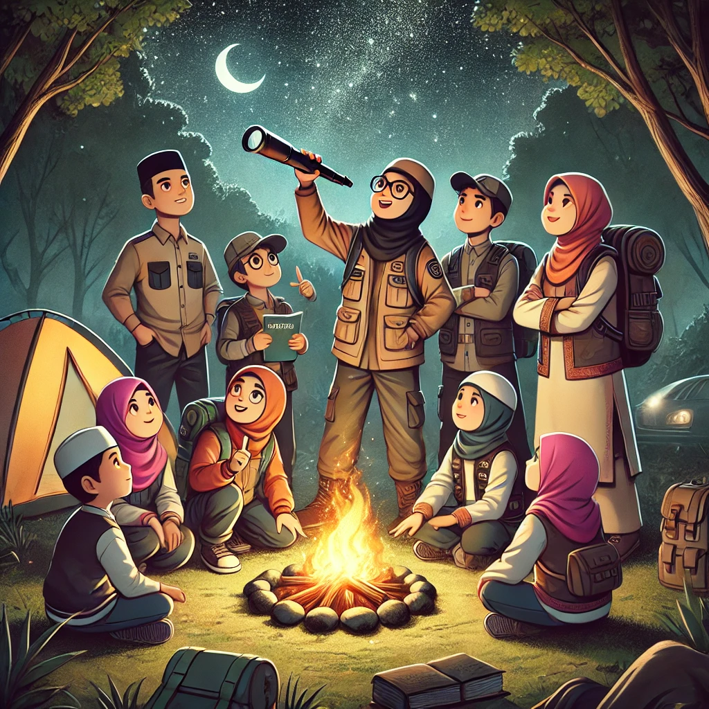 A group of Muslim children—Malay, Indian, and Chinese—dressed in camping gear, gathered around a campfire at night. Some are pointing towards the sky with a telescope to observe the stars, while others are holding nature guidebooks. The scene is set in a forest clearing, with tents and backpacks visible.