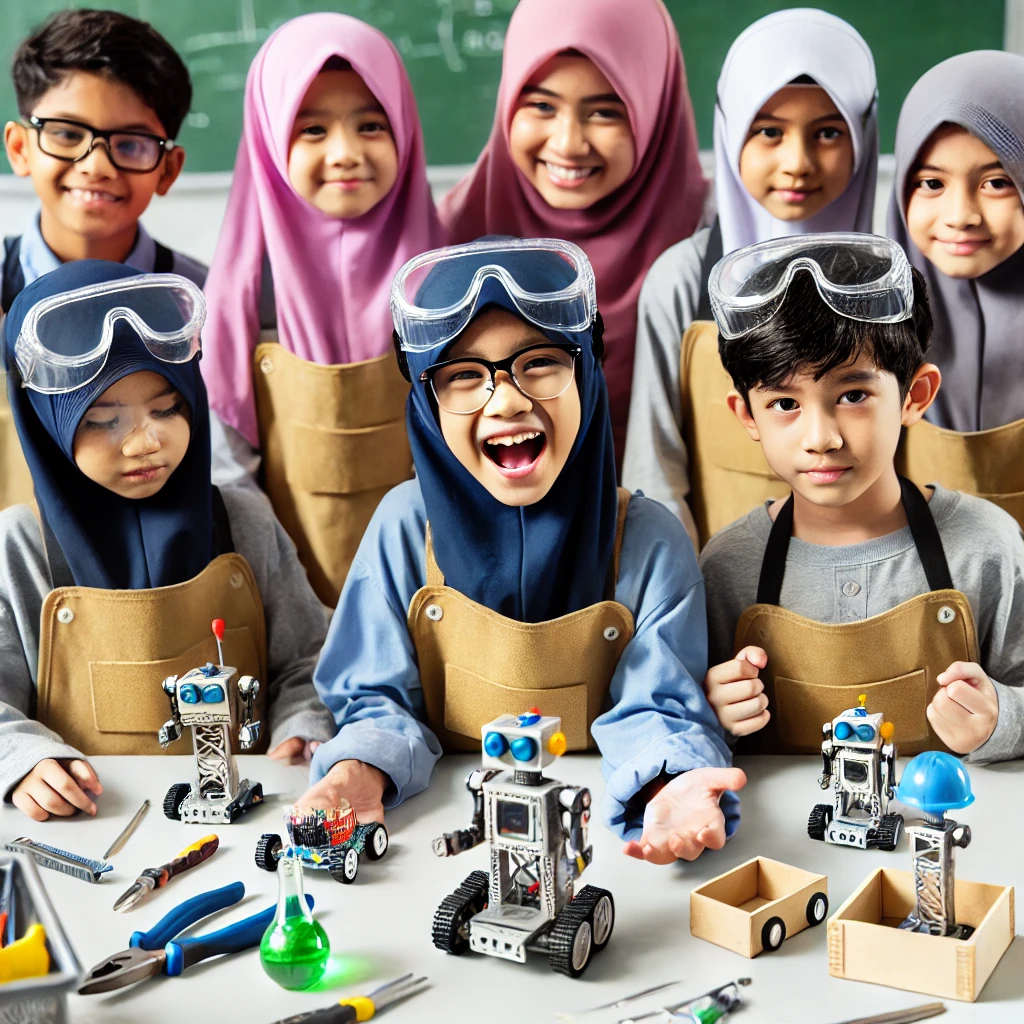 Several Muslim children from different ethnic backgrounds, wearing workshop aprons and safety goggles, are participating in a science workshop. They are working on building small robots using tools and materials on a workshop table. One Malay boy is excitedly showing his robot to a teacher wearing a hijab.