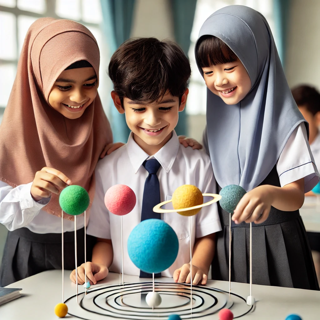 illustration featuring three Muslim children building a model of the solar system in a classroom.